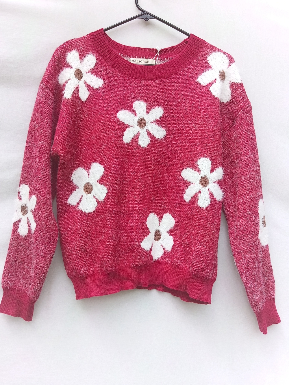 Red Daisy Crewneck Fuzzy Sweater - Women's Floral Knit Coquette Y2k Size Small